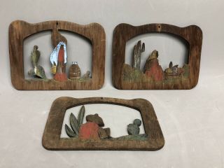 Set Of 3 Rare Vintage Mexico Wood Handcrafted Cutout Folk Art Wall Hanging