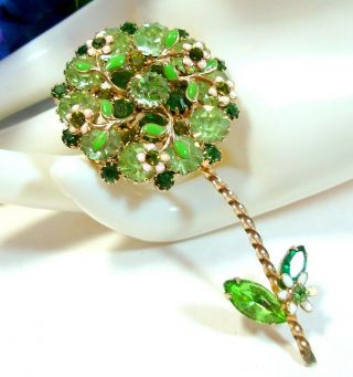 Vtg Stunning Designer Rare Signed Weiss Green Rhinestone Flower Brooch Gold Tone