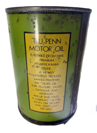 Tru - Penn Motor Oil Can Top Missing RARE 1920s American Lubricants Buffalo NY 3