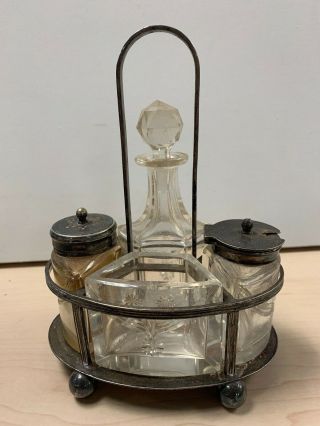 Vintage Daniel & Arter Epns Silverplate & 4 Glass Bottle Cruet Condiment Set D1