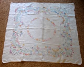 Vintage Hand Embroidered Flowers White Linen Tablecloth Needs Tlc