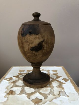 Vintage Carved Wooden Goblet Jar Urn With Lid