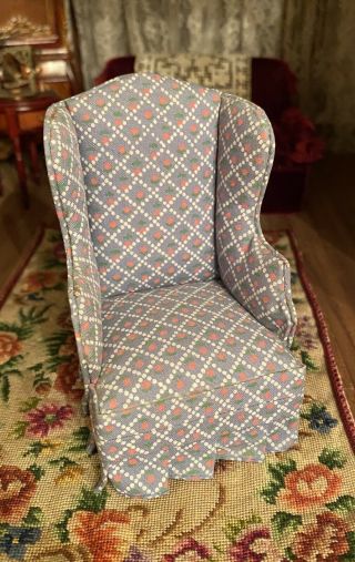 Vintage Dollhouse Miniature Casual Wing Easy Chair Country Print 1:12 Scale