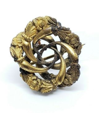 Petite Antique Gold Gilt Brass Repousse Art Nouveau Floral Knotted Brooch Pin
