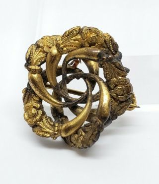 Petite Antique Gold Gilt Brass Repousse Art Nouveau Floral Knotted Brooch Pin 2