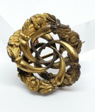 Petite Antique Gold Gilt Brass Repousse Art Nouveau Floral Knotted Brooch Pin 3