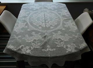 Vintage White Cotton Lace Tablecloth With Roses - 59 " X 46 "