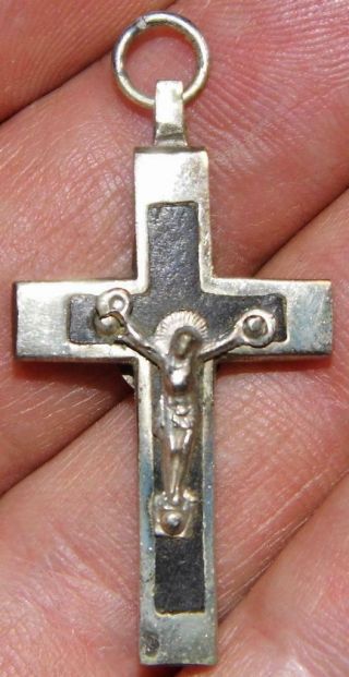 Fine Antique Pectoral Crucifix Ebony Inlay Silver Corpus Irish Convent Cross