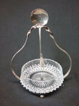 Rare Antique Leaded Crystal Glass Sterling Spoon Holder Relish Caviar Dish