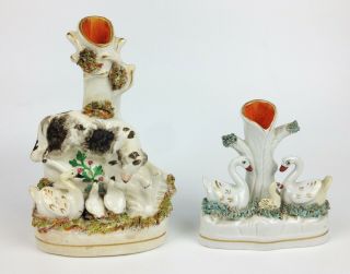 Pair Antique 19th Century Staffordshire Pottery Spill Vases - Gun Dog Swans Rare