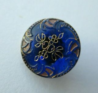 Brilliant Antique Victorian Cobalt Blue Glass Button Gold Luster Flowers (r)