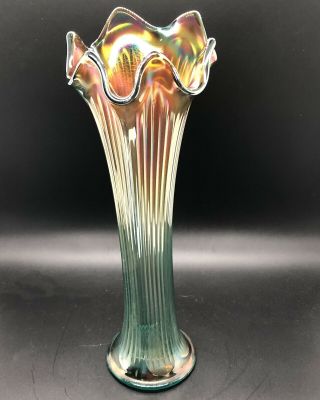 Fenton Antique Carnival Glass Aqua Fine Rib Vase And Rare