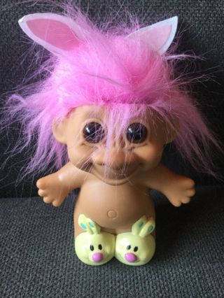 Vintage Russ Troll Doll Easter Bunny Rabbit Slippers Ears Pink Hair 5”