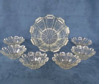 Art Deco Pressed Glass Dessert Bowl And Six Matching Serving Bowls