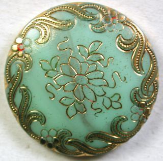 Antique Victorian Glass Button Green Flower W/ Gold Luster - 7/8 "