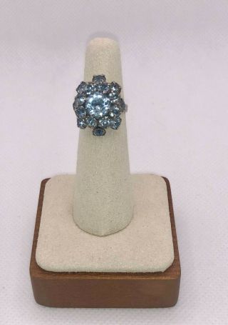 Vintage Costume Estate Antique Jewelry Ring Rhinestone Blue Flower Silver