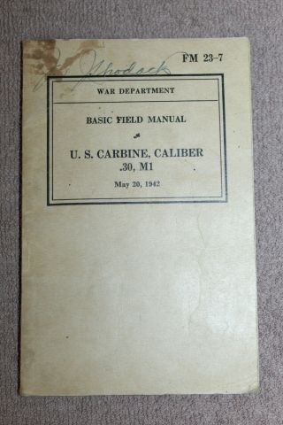 Rare Ww2 U.  S.  War Department Booklet,  Carbine Cal.  30,  M1 1942 D.  Named