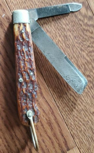 Vintage Rare Challenge Bridgeport Ct.  Bone Handle 2 Blade Pocket Knife