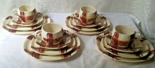 Vintage Rare Normandy Plaid Purinton Slip Ware Set China 16pc Plate Cups Saucers