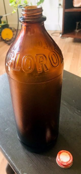 Antique Brown Clorox Textured Glass Bottles With Org Lid.