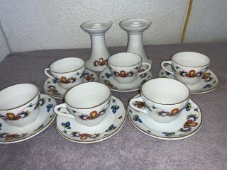 Rare Porsgrund Norway Farmers Rose Flat 6 Teacup & Saucers & 2 Candle Holders