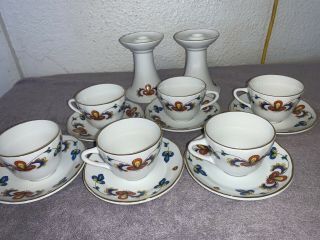 Rare Porsgrund Norway Farmers Rose Flat 6 Teacup & Saucers & 2 Candle Holders 2