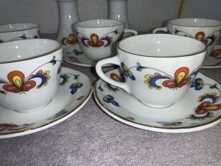 Rare Porsgrund Norway Farmers Rose Flat 6 Teacup & Saucers & 2 Candle Holders 3
