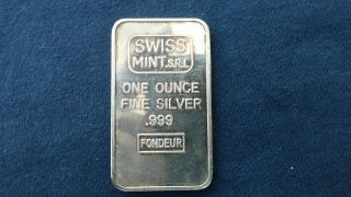 Very Rare Vintage Silver Bar 1 Troy Oz.  999 Swiss S.  R.  L Fondeu