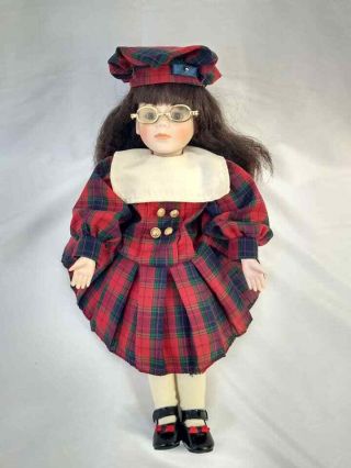 Vintage Porcelain Soft Body Doll In Flannel Dress With Glasses