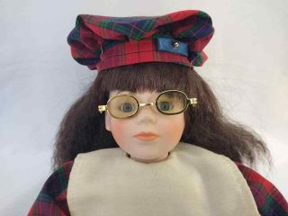 Vintage Porcelain Soft Body Doll in Flannel Dress with Glasses 2