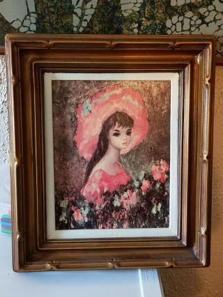 Vintage Rare 1960s Maio Framed Litho Print Big Eyed Girl In A Large Red Hat