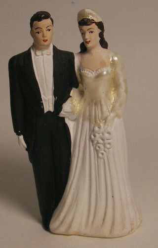 Rare Vintage J Levinson 50s Chalkware Wedding Cake Topper Bride & Groom 3 1/2 "