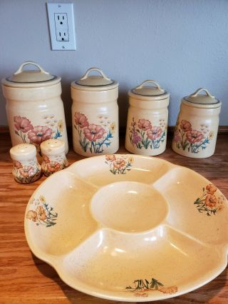 Vintage Treasure Craft Rare Canister Set With Platter And Salt And Pepper Set.