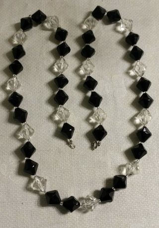 Vintage Silvertone Metal Clear Black Plastic Crystal Geometric Bead 30 " Necklace