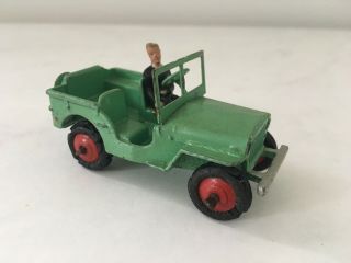 Rare Dinky Toy 25y Green Jeep With Red Hubs W/ Driver - Made In England