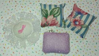 Vintage Barbie Home Set Of 4 Pillows Flowered Lace Glitter Doll House