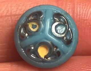 Light Blue Glass Gold Yellow Tone Old Vintage Victorian Antique Button 6597