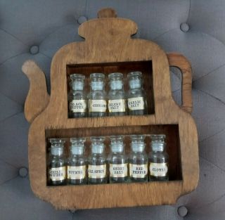 Vtg Rare Teapot Wood Spice Rack With 10 Bottles Wall Mount