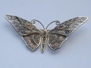 Very Rare Very Unusual Large Antique Vintage Silver & Marcasite Butterfly Brooch