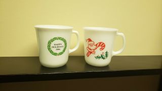 2 Rare Vintage Pyrex Christmas Happy Holidays Milk Glass Mugs