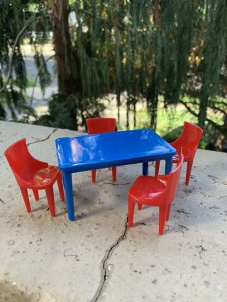 Vtg Plasco Kitchen Dining Table Chairs Blue/red Dollhouse Furniture Set
