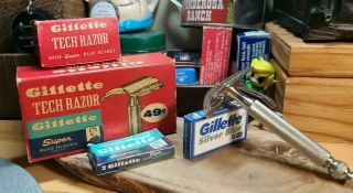 Vintage 1960 Gillette Tech Safety Razor Box W/ Blades F - 2 Rare