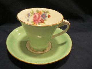 A B J Grafton Tea Cup And Saucer Green With Flower S Art Deco Handle