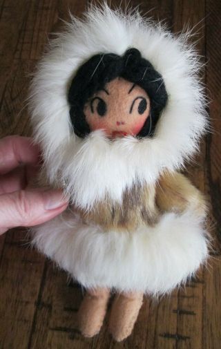 Vintage Antique Handmade Felt And Seal Skin And Fur Alaska Eskimo Doll