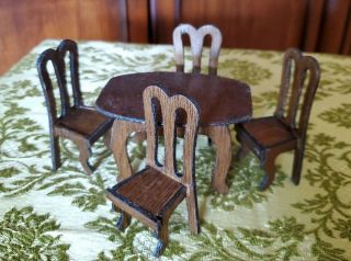 Vintage Dollhouse Miniatures Wooden Dining Room Table And Chairs