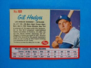 1962 Post Cereal 101 Gil Hodges Los Angeles Dodgers Ex,  Rare,  Tough Sp