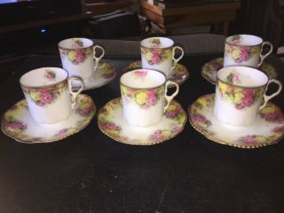 6 Victorian Gold Trimmed Yellow & Pink Rose Tea Cups And Saucers