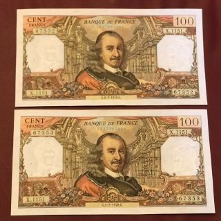 France French Running Pair 100 Franc Corneille 1978 Unc Rare Pick 149f Collectio
