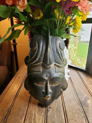 Vintage Rare Gold Black African Tribal Hand - Carved Wood Mask Wall Hanging 11”