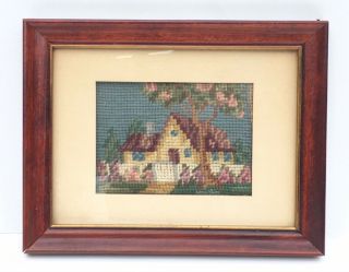 Vintage Needlepoint Picture In Frame Of Cottage House
